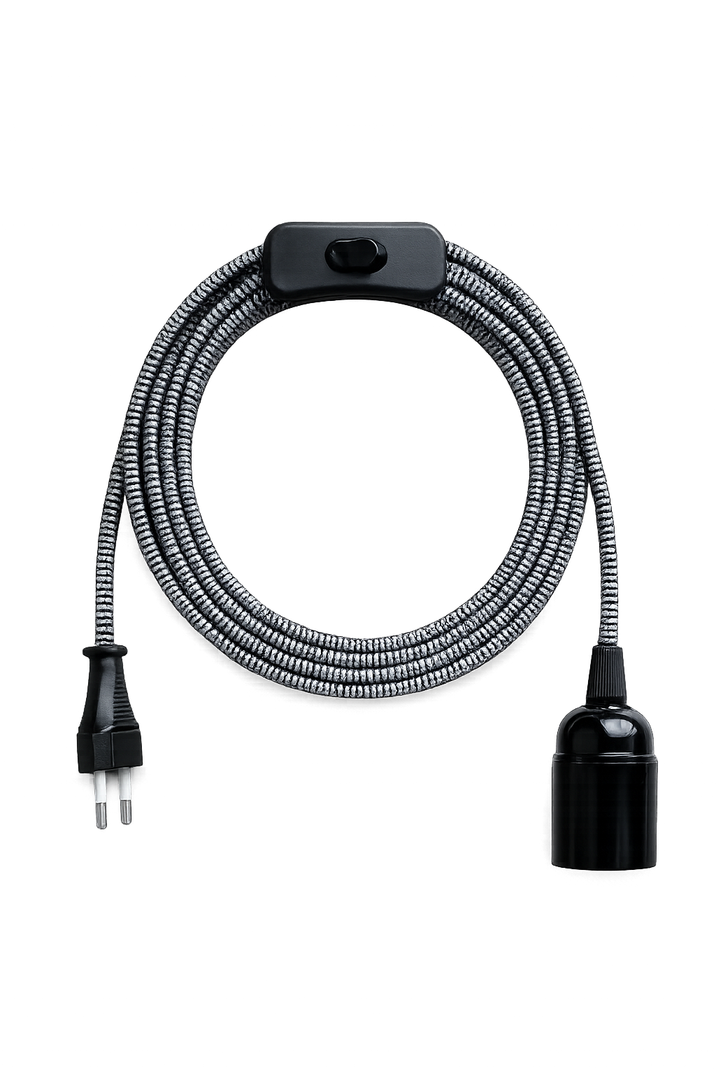 Textilkabel Schwarz / Weiß mit Stecker und Fassung