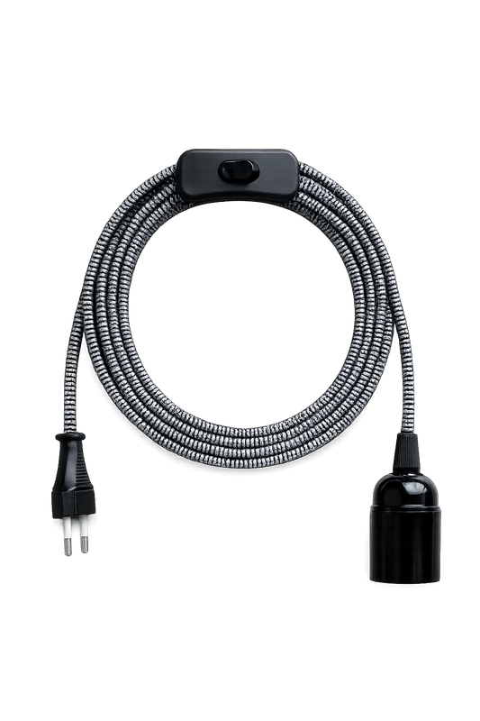Textilkabel Schwarz / Weiß mit Stecker und Fassung